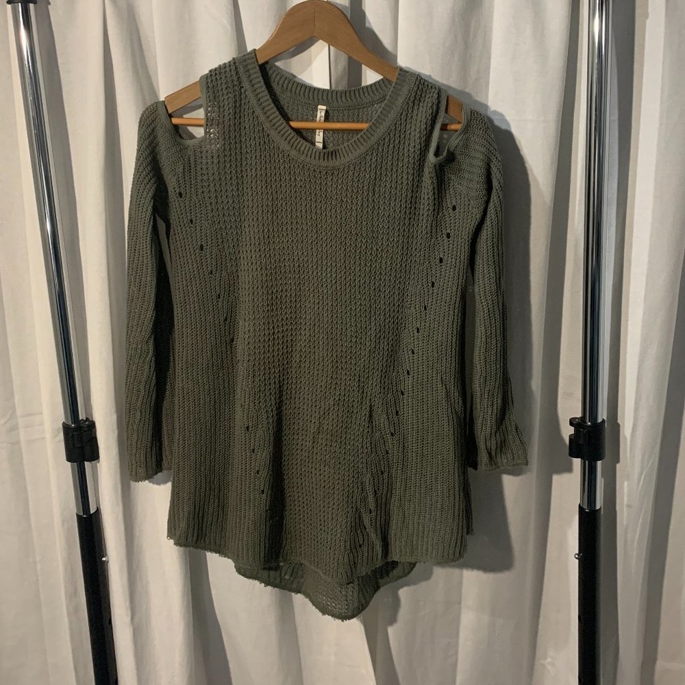 Willow and Clay Cold Shoulder Sweater - Green Saige